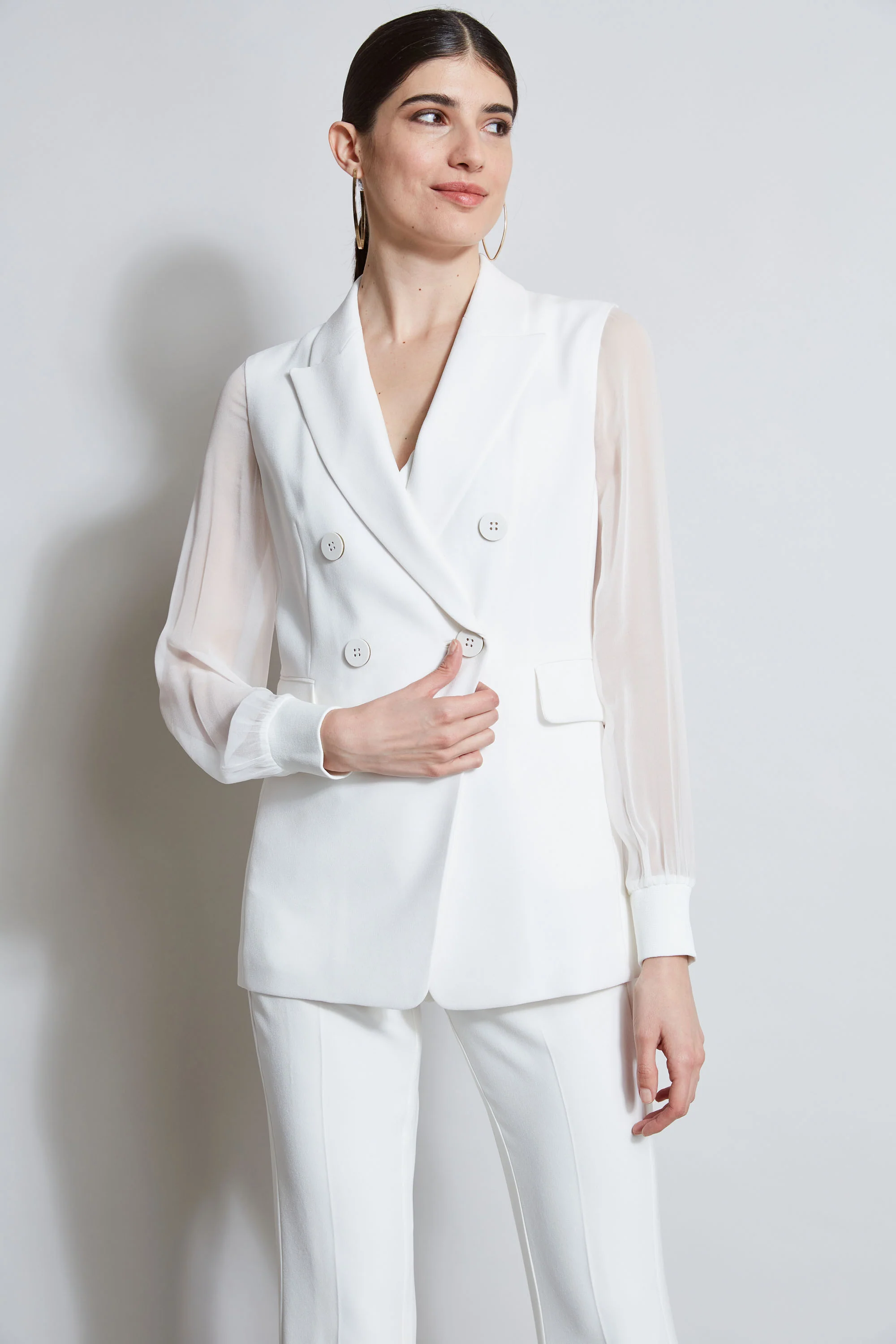Double Breasted Chiffon Sleeve Blazer - Image 4