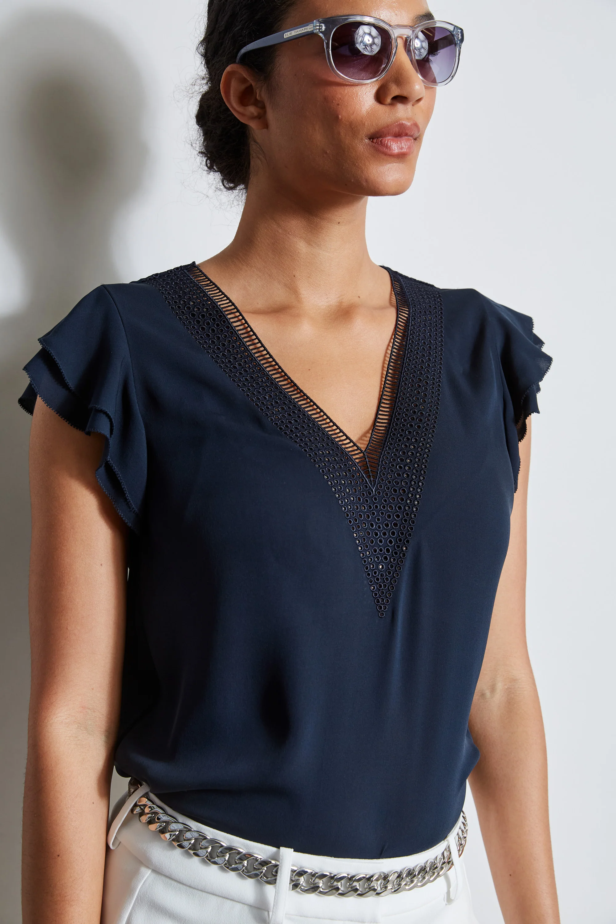 Silk Flutter Sleeve Embroidered Shirt - Image 3