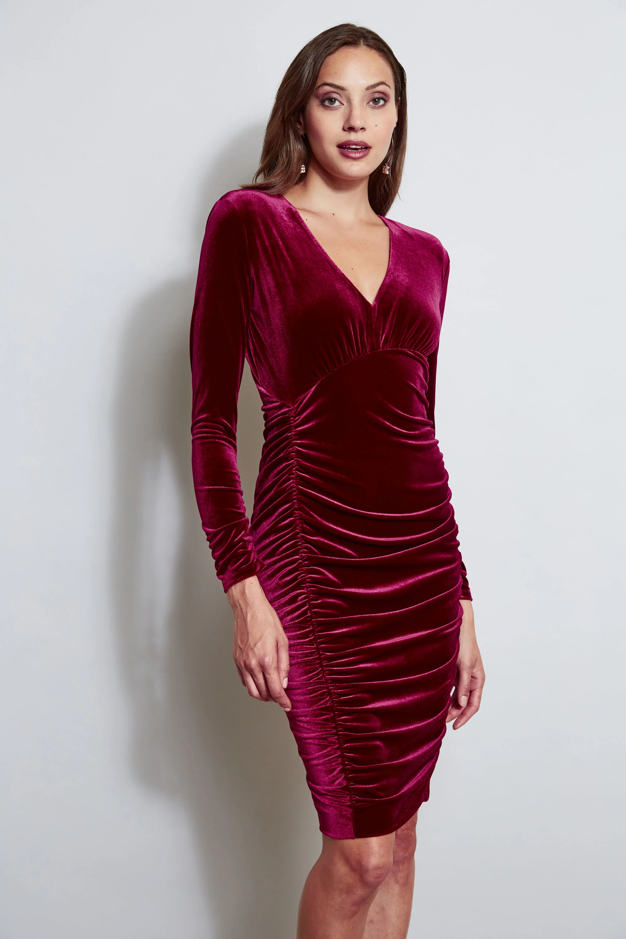 V-Neck Ruched Velvet Dress - Image 3