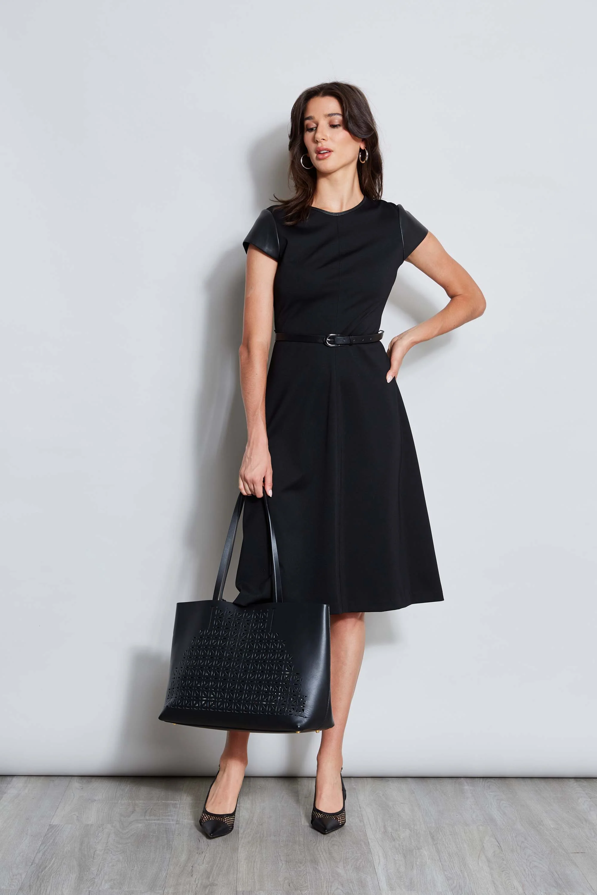 Vegan Leather Short Sleeve Belted Knit Dress - Image 3