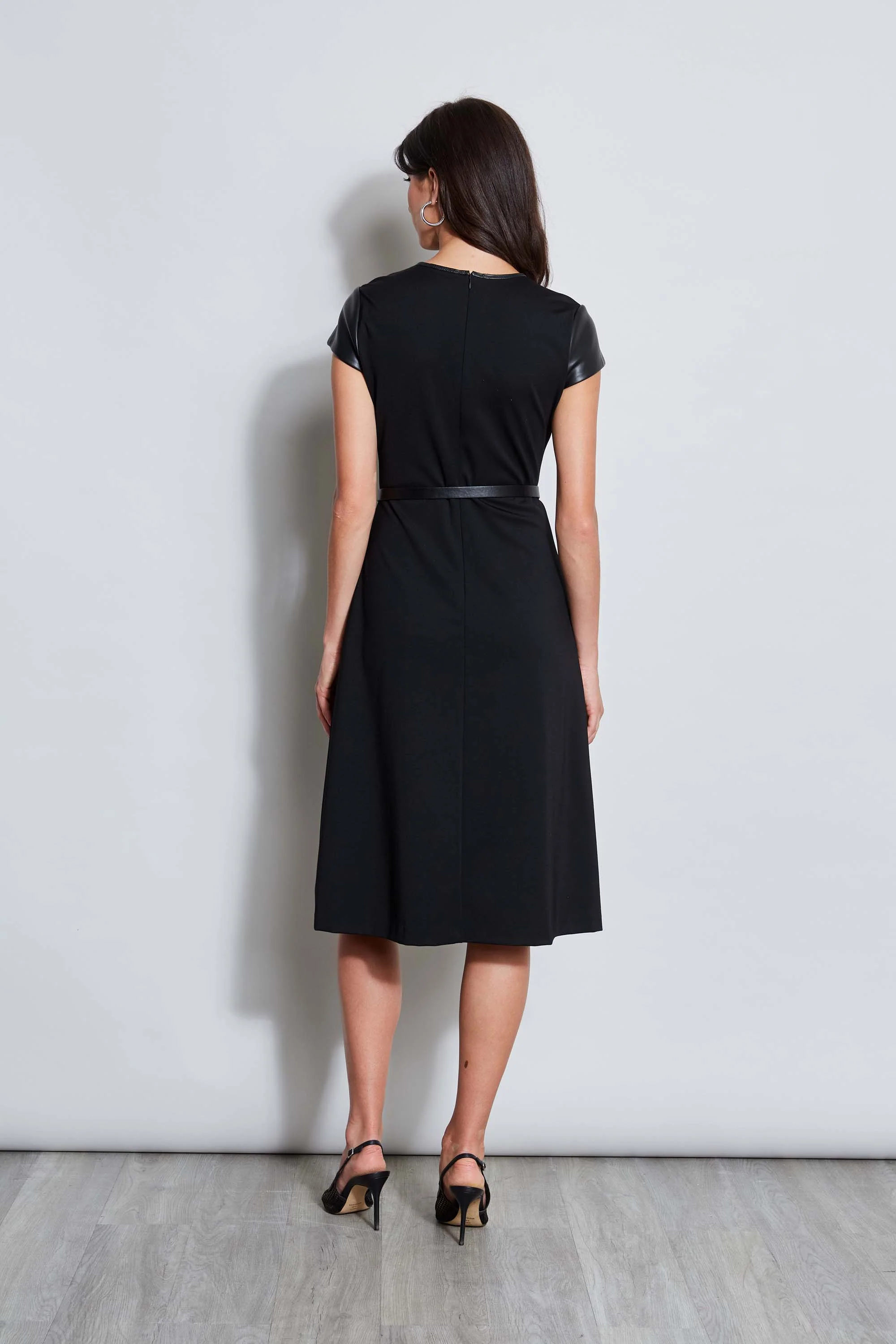 Vegan Leather Short Sleeve Belted Knit Dress - Image 4